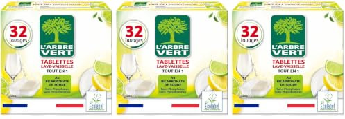 L'Arbre Vert Tablettes Lave Vaisselle Tout En 1 Citron - Ecolabel - 91% d'ingrédients d'origine naturelle - 32 Doses (Lot de 3)