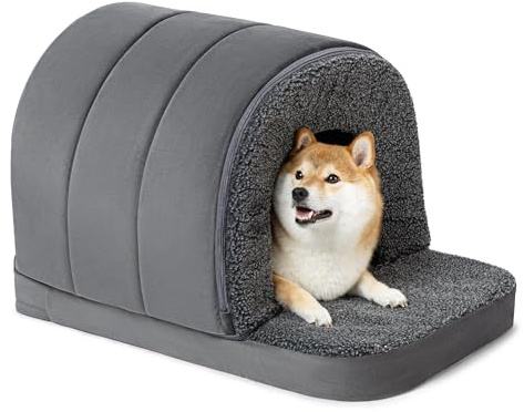PELZIN Indoor Dog House - Orthopedic Dog Tent Bed w/Egg-Crate Foam - Pet Bed with Cover Cave - Waterproof Lining - Nonskid Bottom, Ideal for Medium Breeds & Fits L 77cm Crate - 74x46cm, Charcoal
