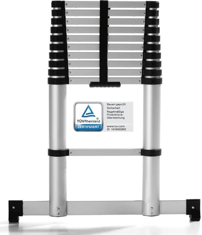 Premium Alu Teleskopleiter TÜV geprüft Softclose – Arbeitshöhe 4,04, belastbar bis 150 kg - platzsparend einfahrbar, mit Anti-Rutsch & breitem Standfuß