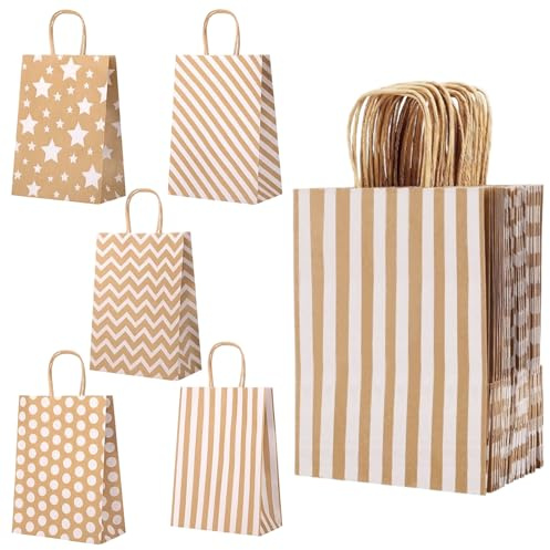 25 Bolsas de Papel Kraft con Asas, 22x16x8 cm, Reutilizables Bolsas de Papel, Bolsas Regalo Pequeñas para Bodas, Cumpleaños, Navidad y Eventos