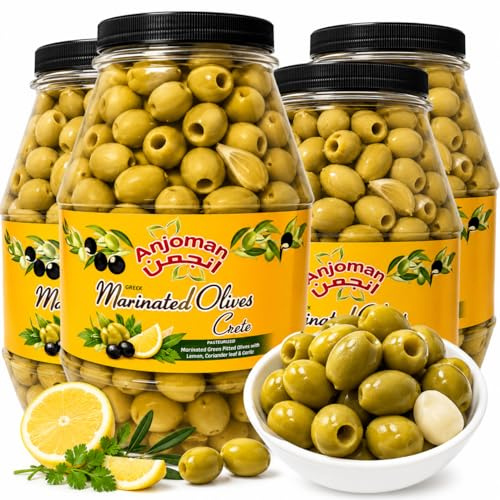 ANJOMAN Marinated Greek Olives Crete Mix - Lemon Zest, Garlic & Coriander Pitted Green Olives | 4 x 3.3L Bulk Catering Pack (13.2L Total)