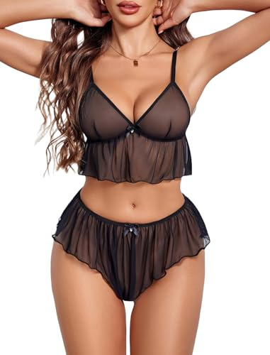Sexy Pajamas for Women Sheer Lingerie 2 Piece Mesh Cami Shorts Nightwear | Ruffled Lounge Sleepwear V-Neck Halter Cami and Shorts Adujustable straps