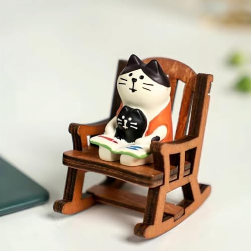 Gwindrise Miniature Cat Reading Figurine Set, Resin Desk Decor with Wooden Rocking Chair, Parent-Child Design, Funny Gifts for Cat Lovers, Gifts for Mom