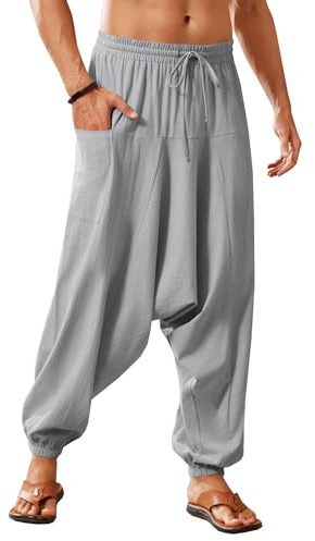 Runcati Pantaloni da Uomo in Cotone Harem Baggy Hippie Casual Lino Yoga Pantaloni da Spiaggia con Apertura Profonda, Grigio., M