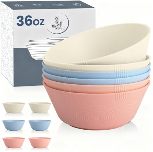 Wrova Reusable Plastic Bowl Sets 36oz Unbreakable Cereal Bowl Set of 6, Large Serving Bowls for Fruit,Ramen, Oatmeal and Salad, Microwave and Dishwasher Safe for Outdoor & Indoor - Colorful