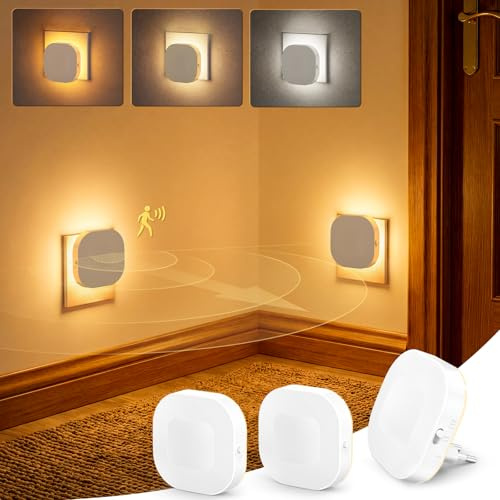 NIORSUN Nachtlicht Steckdose mit Bewegungssensor und Dämmerungssensor, 3 Stück 1800K-5000K LED hinterleuchtete Nachtlicht, Dimmbar Steckdosenlicht für Kinderzimmer, Schlafzimmer, Treppen, Gang