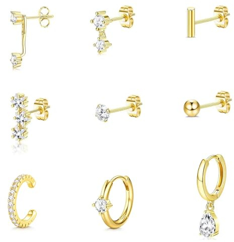 yolzhxe 9 Pezzi Orecchini Acciaio Chirurgico, 14K Orecchini Cerchio Donna, Moda Piercing Orecchio Adatto per Essere Indossato in Zone Forate Come il Trago, il Padiglione Auricolare e le Labbra
