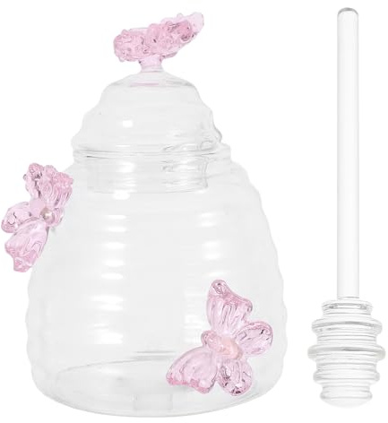 BESPORTBLE Glass Honey Jar with Lid and Dipper Small Butterfly Honey Pot Container for Kitchen Table Storage Dispensing