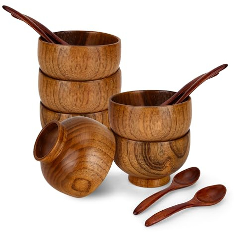 WENLISELL Set of 6 Wooden Bowl and Spoon, 9x6.5cm Wooden Dipping Sauce Bowl | Small Charcuterie Dish, For Sauce, Appetizer, Snack, Yogurt, Nuts