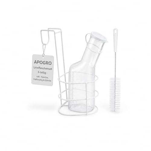 APOGRO Urinflaschenset 3-teilig – Urinflasche mit Deckel, Halter & Reinigungsbürste – für Männer, klar