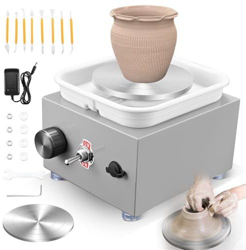 Töpferscheibe, Töpferscheibe Elektrisch mit 2000 U/min Einstellbare Geschwindigkeit, Pottery Wheel mit 6,5/10 cm Großen Platten Formwerkzeugen, Töpferscheibe Kinder und Erwachsene, Grau