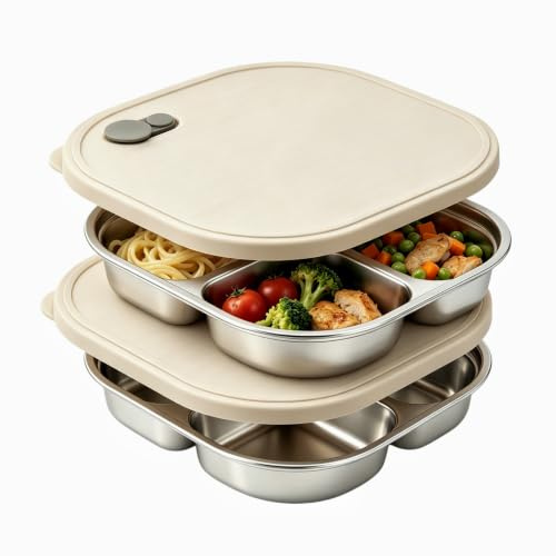 CECOMBINE 2 Pack Stainless Steel Snack Boxes with 4 Compartments, Bento Lunch Box, Divided Food Storage Containers for Kids and Adults, Micro-Wave Oven&Dishwasher Safe(550ml)