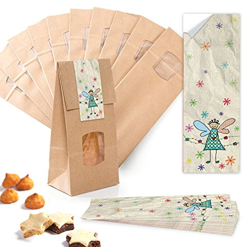 Logbuch-Verlag 10 kleine Gebäckbeutel mit Fenster Kekstüten Blockbodenbeutel 10 x 6,5 x 27 cm mit Engel Sticker Weihnachten Geschenke