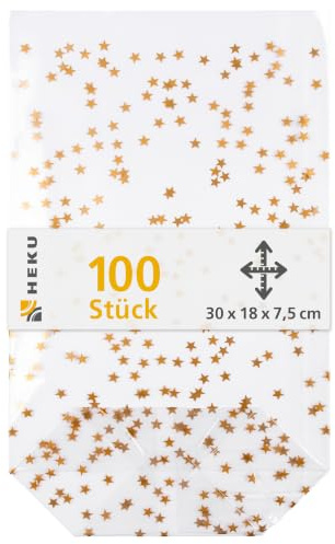 HEKU 100er Packung Transparente Bodenbeutel mit goldenen Sternen 300x180x75mm I Stabiler Kreuzboden I Reißfestes Polypropylen Material I Ideal für Weihnachten & selbstgebackene Plätzchen