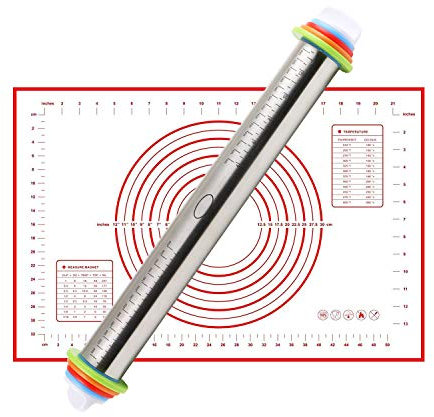 Evermarket Teigroller aus Edelstahl, verstellbar, groß, robust, mit 4 herausnehmbaren Ringen, mit Silikon-Teigmatte zum Backen von Teig, Pizza, Gebäck, Pasta und Keksen