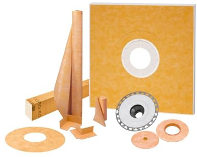 Schluter Kerdi Shower Kit with Shower Tray, Curb, Waterproofing Membrane, Strips and Seals - Waterproofing System for Tiled Showers - Center Outlet Position, 48 x 48 Tray Size - KSK1220PVC
