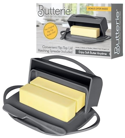Butterie Flip Top Butter Dish, Gray | Attached Lid & Matching Knife, Holds 2 Sticks, Fits Kerrygold/European Butter, BPA Free & Dishwasher Safe