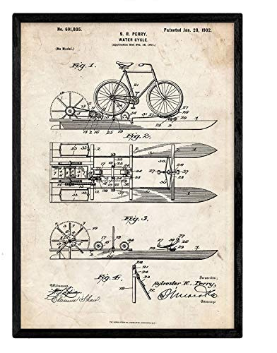 Nacnic Poster patentiertes Wasserfahrrad. Blatt mit altem Design-Patent in der Größe A3 und Vintage-Hintergrund
