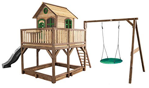 AXI Liam Maison Enfant avec Bac à Sable, Balançoire nid d'oiseau Vert & Toboggan Gris | Aire de Jeux pour l'extérieur en Marron & Vert | Maisonnette/Cabane de Jeu en Bois FSC