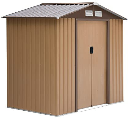 Outsunny Cobertizo de Jardín 2,42m² con Base de Refuerzo Sin Suelo 213x130x185 cm Caseta de Jardín Exterior con 2 Puertas Correderas y 4 Ventanas para Almacenamiento de Herramientas Caqui