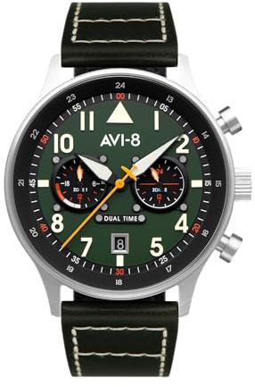 AVI-8 Herren 43.5mm Hawker Hurricane Carey Dual Time Japanese Quartz Fliegeruhr mit Leder- oder Edelstahlband AV-4088