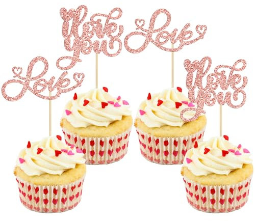 Gyufise Cupcake-Aufsätze mit Aufschrift Love Valentine's Day, glitzernd, süße Liebe, I Love You, Cupcake-Picks, Valentinstag, Thema, Hochzeit, Verlobung, Brautparty, Geburtstag, Party
