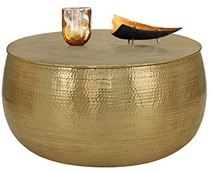 WOMO-DESIGN Couchtisch Ø 90x45 cm Gold, Unikat, Hammerschlag-Optik, Handgefertigter Beistelltisch, Orientalischer Wohnzimmertisch, Runde Tisch, Aluminium Loungetisch, Metall Tisch, Flacher Sofatisch