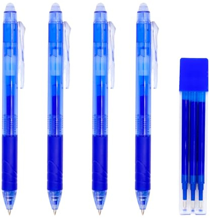 RAYLU PAPER® - Bolígrafo Borrable Retráctil, Tinta De Gel, Punta de 1 mm y trazo de 0,7 mm. (4 Azules + Recambios)