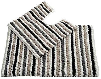 Allure Striped Chunky Bobble Two Piece Bath Mat & Toilet Mat Set – Thick, Hand-Woven, Super Soft, Bathroom Rugs (Monochrome)
