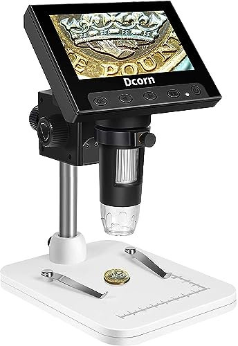 Dcorn 4,3'' Microscopio Digital LCD, Microscopio 1000X Microscopio USB para Adultos/Niños con 8 Leds Ajustables, Vista de PC, Compatible con Windows