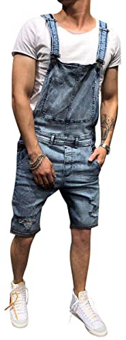Oanviso Salopette Corta in Denim da Uomo Tinta Unita/Foro Strappato Jumpsuit con Cinturino Regolabile Multi-Tasche Casual Jeans Comodo Salopette Classico Vintage Abiti da Lavoro
