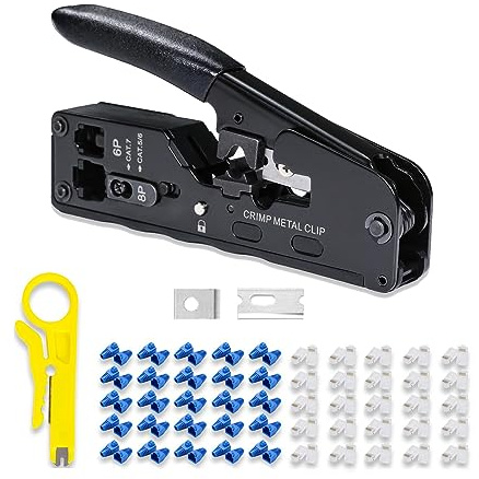 6COM GIGA - Herramienta de crimpado RJ45 RJ12 todo en uno, crimpadora Ethernet para conector modular Cat5, Cat5e, Cat6, Cat6a, Cat7, con mini pelacables, 50 conectores y cubiertas CAT6