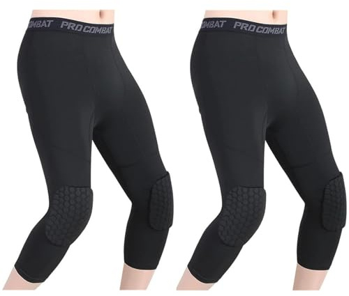 HULG Pantalon Rembourré avec Genouillères 3/4 Capri Pantalon De Compression pour Basketball Football Baseball Tailles Jeunes Et Adultes (M,Schwarz)