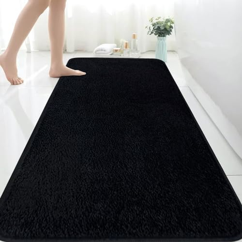 Rururug Extra stor badmatta, 150 x 60 cm superabsorberande mikrofiber badrumsmatta, halkfri anti-mögel badmatta, maskintvättbar lång badrumsmatta för badrum och sovrum, svart