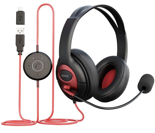 MAIRDI Auriculares USB con micrófono, Auriculares de PC con Cable, USB-A y USB-C con micrófono con cancelación de Ruido para Equipos de Laptop, Oficina, Trabajo, Centro de Llamadas, Negocios, dragón