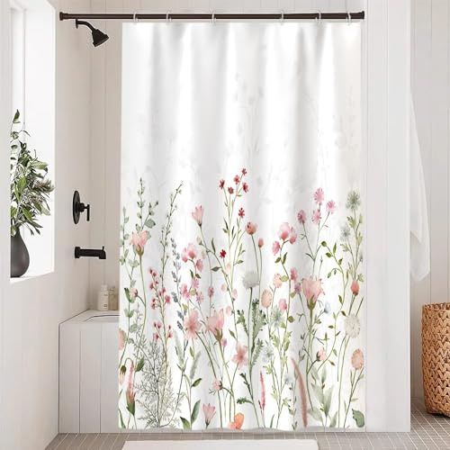 Uiiooazy Duschvorhang Grün Blätter, Duschvorhang Rosa Blumen Vintage Textil Duschvorhäng Anti Schimmel Wasserdicht Polyester Stoff Waschbar Blickdicht Bad Vorhang mit 8 Haken für Badezimmer 120x200cm