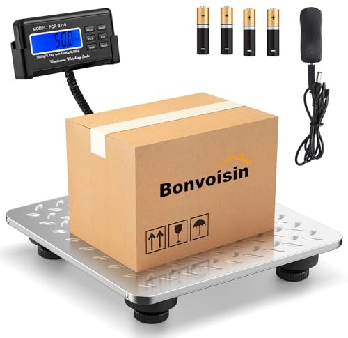 Bonvoisin Digitale Postwaage 300kg/660lb, 4 Einheiten, Tara & Zählen | Paketwaage mit Externem LCD-Display, Edelstahlplattform, Dual-Bereich Präzision 300kg/0,1kg & 150kg/0,05kg