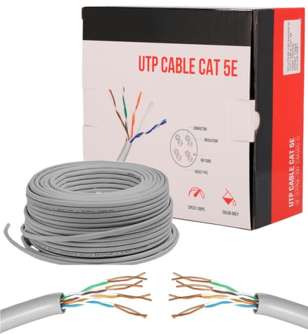Cable Ethernet Cat 5E de 100 m a granel, cable de red LAN Cat 5E de alta velocidad para conexión a Internet rápida 1 Gbps – 100 MHz AWG24 Cable en cómoda caja | Cable UTP CCA (100 metros, gris)