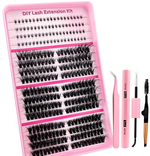 320pcs Fluffy Cluster Wimpern mit Clear Band Bottom Lashes Cluster Eyelash Extensions Kit Volume Einzelwimpern mit Lash Bond und Seal Pinzette und 1 faltbare Augenbrauenbürste(320P-456K)