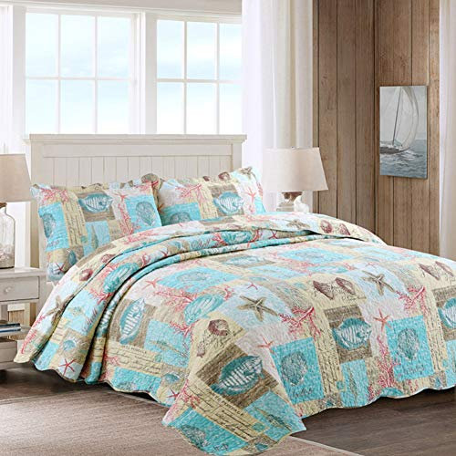 Blaues Patchwork-Tagesdecken-Set, 3-teilig, gesteppte Tagesdecken 230 x 250 cm, mit 2 Kissenbezügen, Doppelbett, King-Size-Bett, Überwurf, Decken in Blau, weich und gemütlich