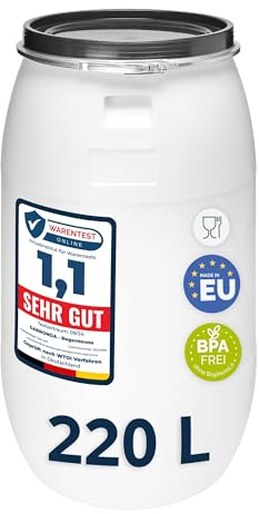 Garronda 220 liter bredhalsfat med lock – BPA-fri HDPE-behållare för vatten, regnvatten, förvaring och djurfoder, livsmedelssäkert universalfat för trädgården GD-0078, Vit