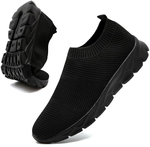 Mens Trainers Slip on Trainers Lightweight Walking Running Sneaker Fitness Gym Sports Jogging Tennis Shoes Mens Black Size 10