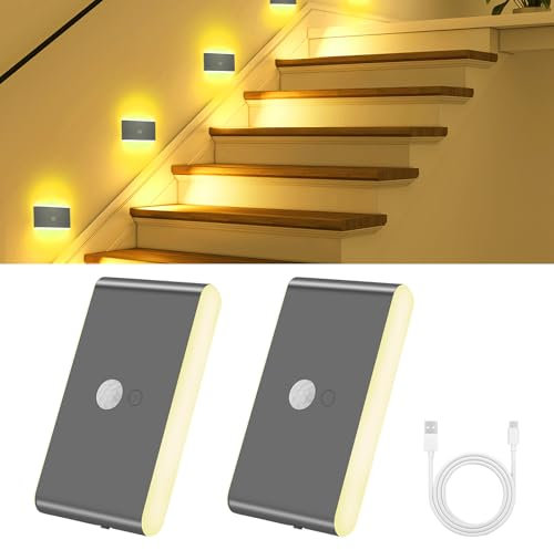 HOTUT Luz Nocturna con Sensor de Movimiento, 2 Piezas LED Luz de Noche Recargable, ON/OFF automático Luz LED, Adsorción Magnética Desmontable, Blanco cálido + color RGB para Escaleras, Pasillo,Baño