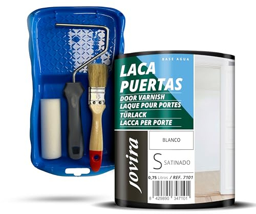 JOVIRA PINTURAS Esmalte Laca Puertas al Agua 750ML Satinado y Kit con Minicubeta, Rodillo de Espuma, Varilla y Paletina. (750 Mililitros, Blanco + Kit Laca Puertas) -T