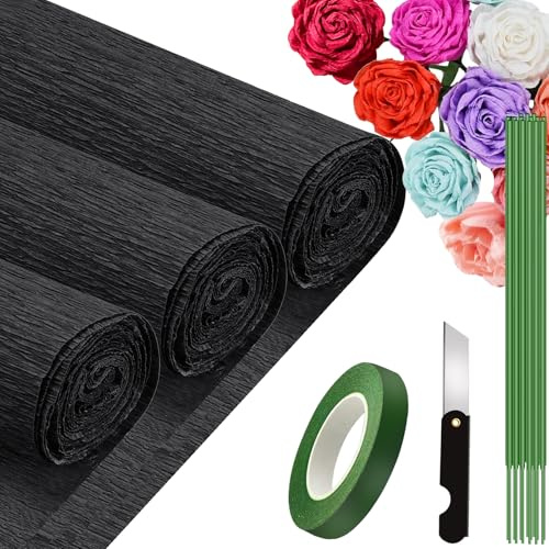 3 Rollen Krepppapier Schwarz 25x250cm, Crepe Papier für Handwerke, Krepppapier für Geburtstag, Hochzeiten, Valentinstag-Dekorationen (Schwarz)
