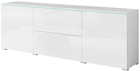 MINIO go for it - Kommode Veve Sideboard mit Schubladen und Türen | Wohnzimmer Schlafzimmer 180 cm Breit, Kommode Weiss matt / Weiss Hochglanz, Ohne LED-Beleuchtung