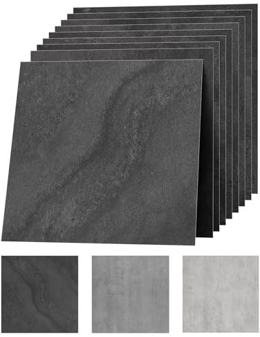 30 x 30 cm, rivestimento per pavimenti in PVC, autoadesivo, effetto pietra, effetto vinile, impermeabile, durevole, per soggiorno, cucina, bagno, balcone, nero, opaco, 50 piastrelle, 4,5 m²