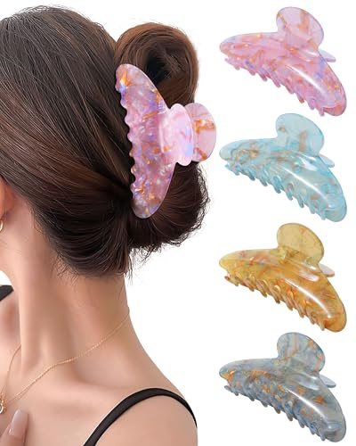 Mesovor 4 Stück Acryl Haarklammern für Damen und Mädchen, 10.5cm große Rutschfeste Haarspangen, Bananen Haarklammer für Dünnes und Dickes Haar (Blau, Ingwer, Rosa, Grau)