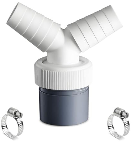 Voarge Lavadora de desagüe de doble conexión en Y, adaptador en Y para lavavajillas, salida para tubo de 40 mm de diámetro y entrada de 18 – 24 mm, con 2 abrazaderas de manguera