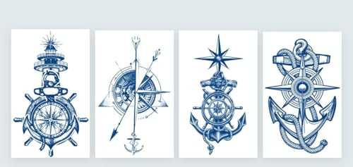 4 Blätter Temporary Schiffsanker Tattoo Kompass Tattoo Steuerrad Semi-Permanente Tattoo Matrose Langanhaltende Tattoo Semi-Compass4